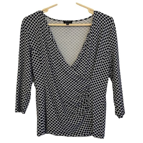 Talbots Faux‎ Wrap Black White 3/4 Sleeve Top Small Petite - Picture 1 of 6